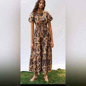 Anthropologie Somerset Dress Elegant Floral Tan and Black Maxi Dress